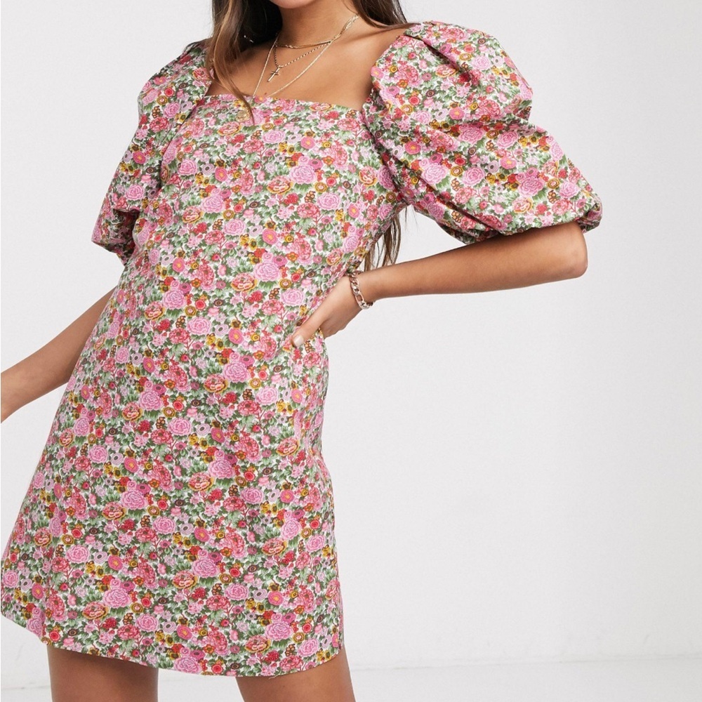 MNG Mini Dress Floral Voluminous Puff Sleeve Cotton Pink/Red Size 4 Blogger Fave